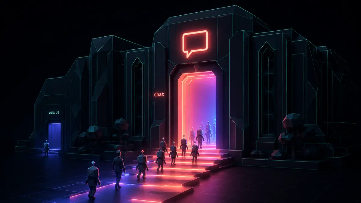A stylised dark building at night, its tall front door glowing with coral and indigo light beneath a chat-bubble sign labelled "chat", people streaming up the lit steps into it, while a small dim side door labelled "web/UI" sits unused in shadow.