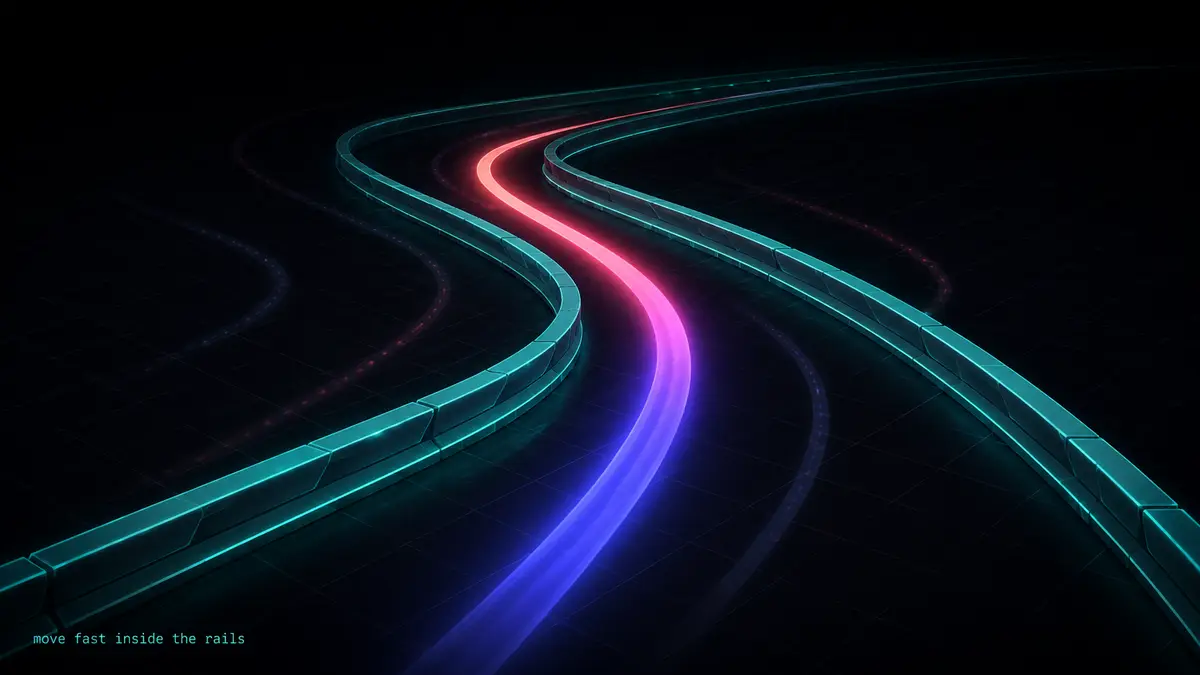 A single glowing racing line, a coral-to-indigo light streak, sweeping at speed through a dark circuit and threading the gap between two solid, continuous teal guardrails it never touches, with faint failed trajectories veering off into the dark. A small label reads "move fast inside the rails".