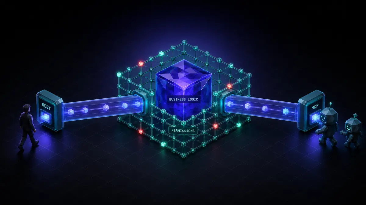 An isometric systems diagram on a near-black canvas: a single glowing crystalline core cube labelled "BUSINESS LOGIC" and "PERMISSIONS", with two identical, equally sized glowing channels feeding into it, one labelled REST and approached by a human figure, the other labelled MCP and approached by small agent figures, both passing through the same permission lattice.