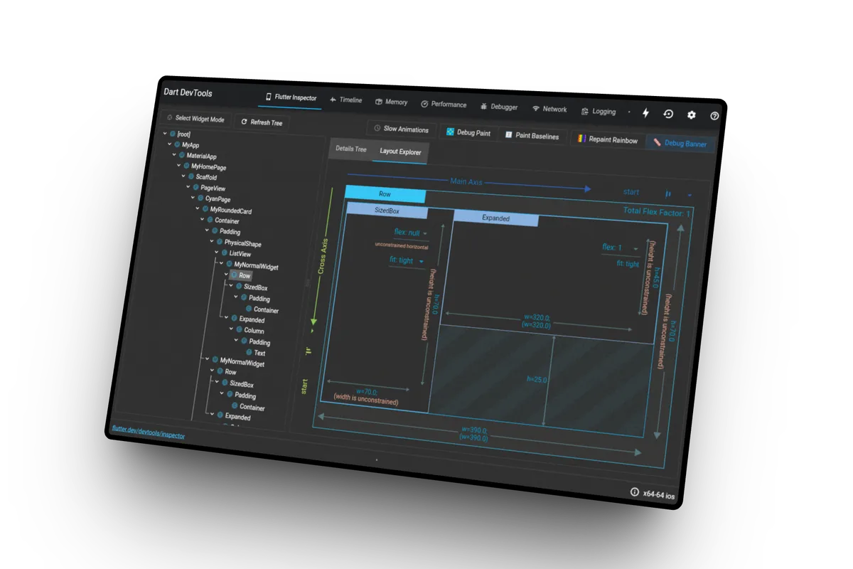Flutter development tools and DevTools interface